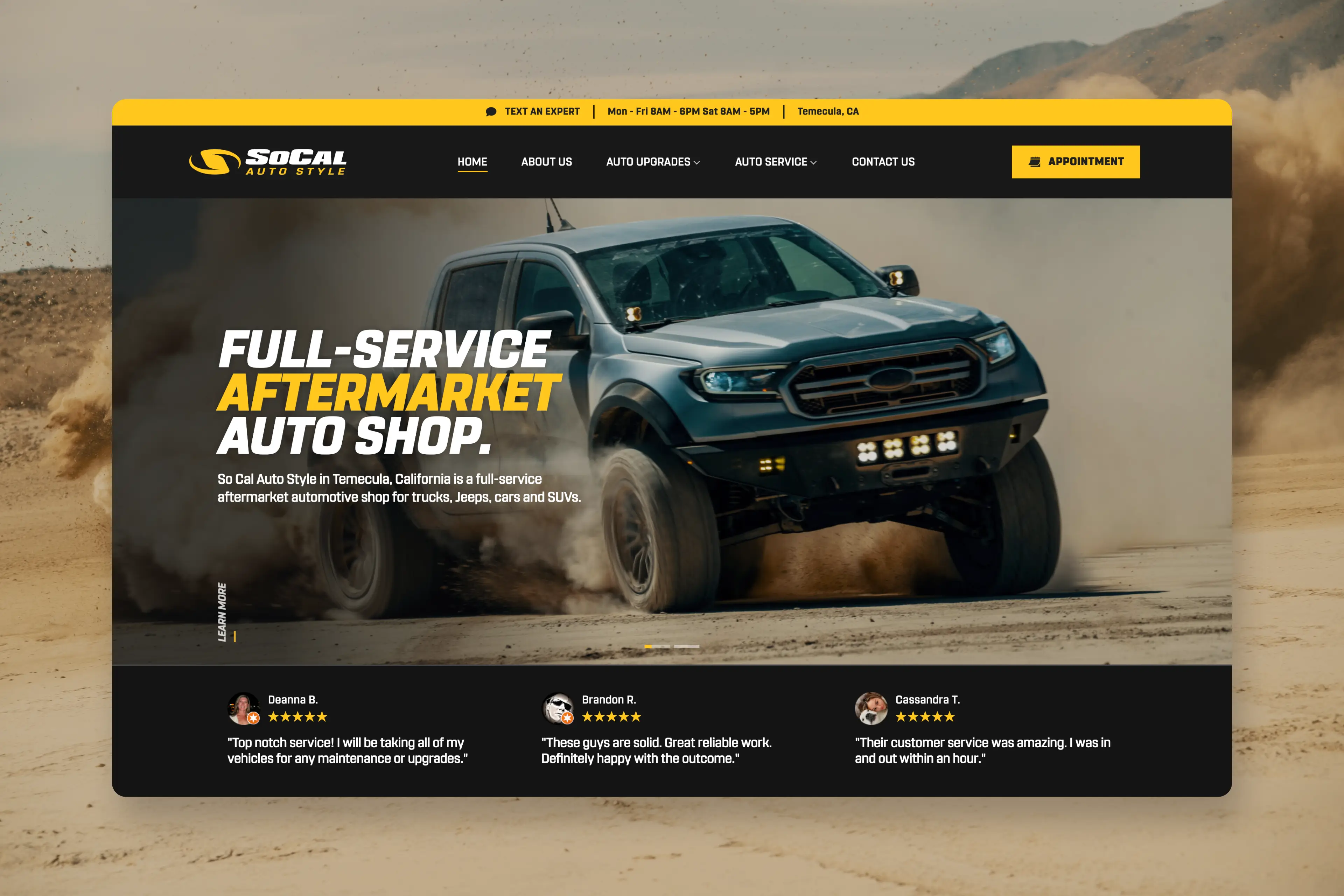 Web design mockup of the SoCal Autostyle homepage. Features a rugged photo of a Ford truck tearing through the desert sand.