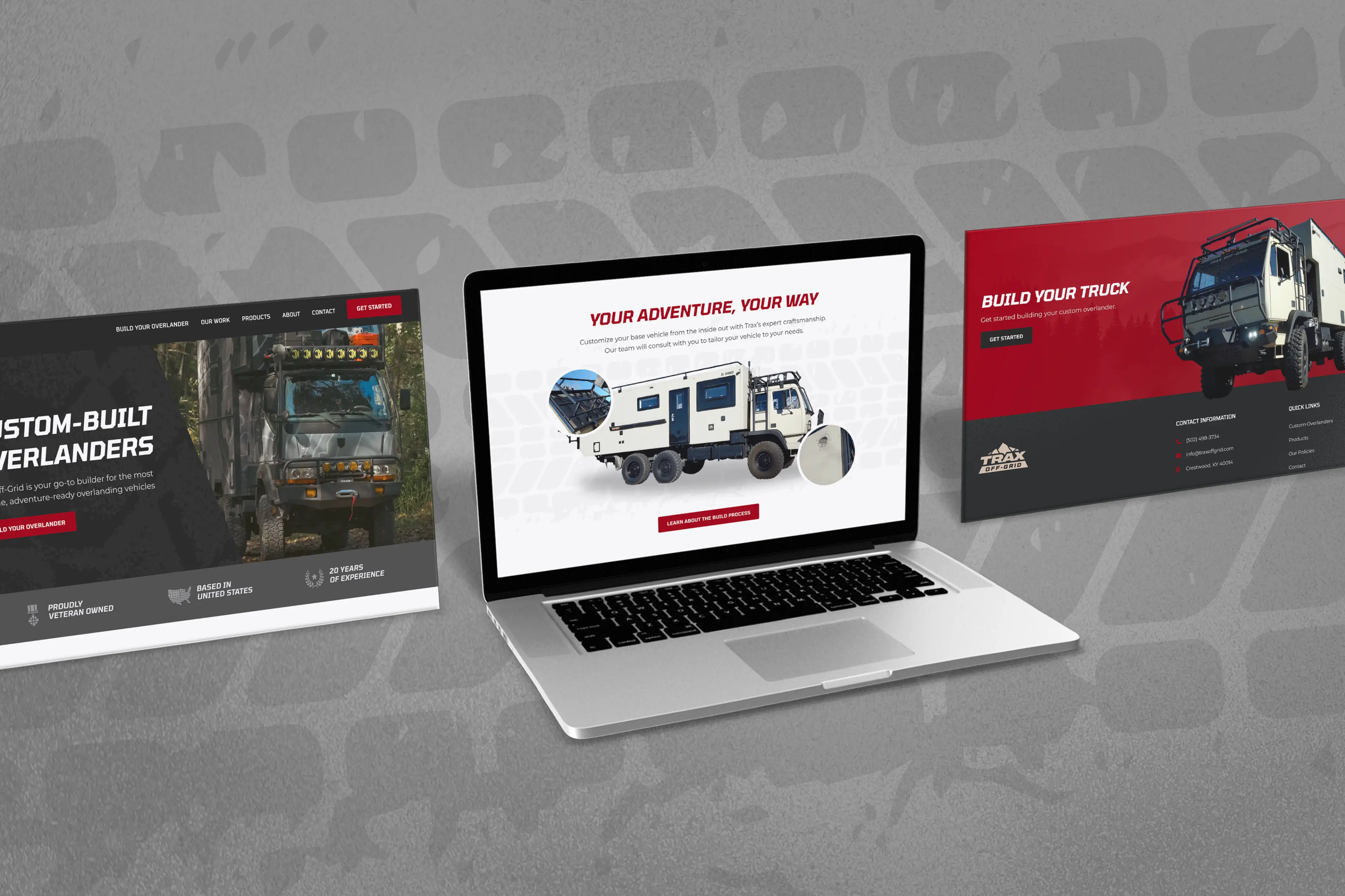 3 screen views of the Trax Off-Grid website design